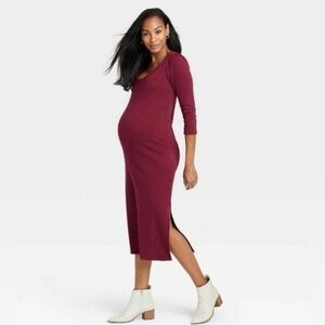 The Nines By Hatch Burgundy Ribbed‎ Scoop Neck Midi Dress Comfort Stretch